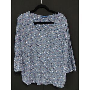 TOM TAILOR Floral Blouse Blue Women 3/4 Sleeve Scoop Neck Size 40